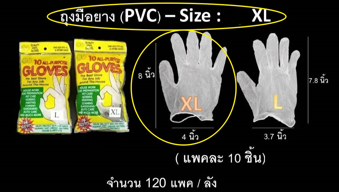 ถุงมือยาง PVC สีขาว XL ขนาด 8 นิ้ว แพ็ต 10 ชิ้น (1*120)