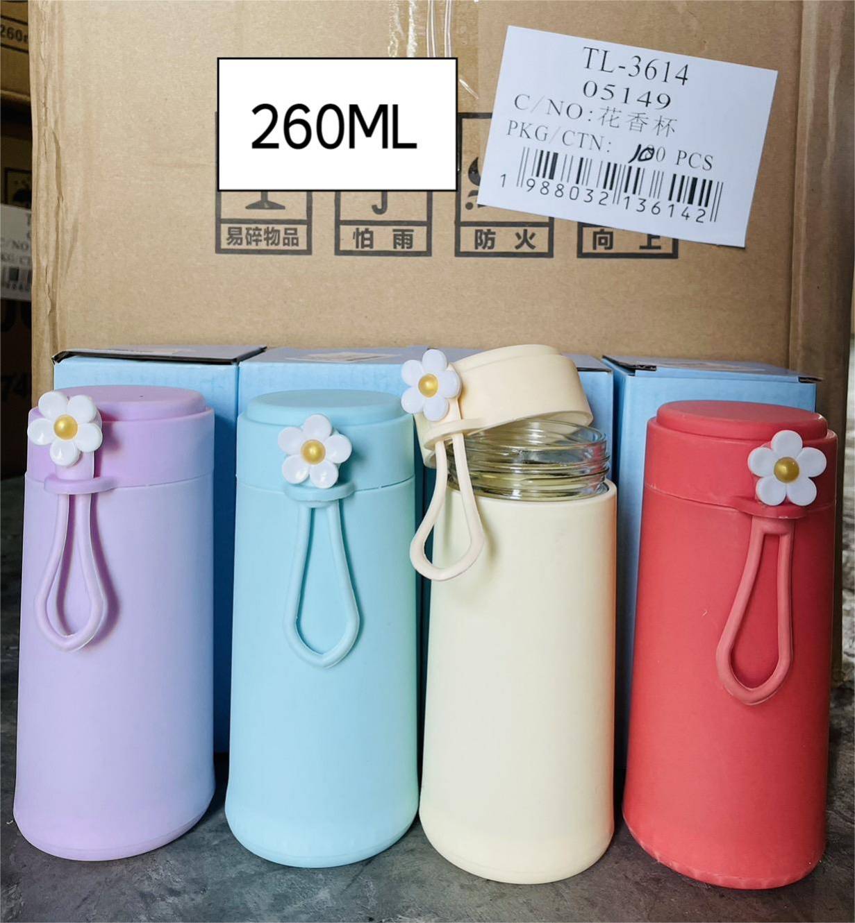 กระบอกแก้วน้ำ สีหวานหูหิ้วดอกไม้ 300ml.  1*100 VG-BG2005