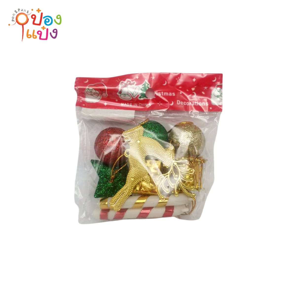 ลูกบอล+กลอง+ของขวัญ+ดาว+กวาง+ไม้เท้า ตกแต่งต้นคริสมาส  1*480